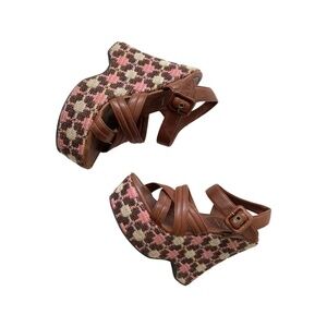 Miu Miu Brown Leather Embroidered Heel Wedges 36.5